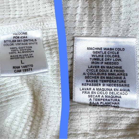 NWOT ⭐️RE/DONE Thermal Long Sleeve T-Shirt in Vintage White. Size Large 🧤❄️🧣 - Picture 4 of 8